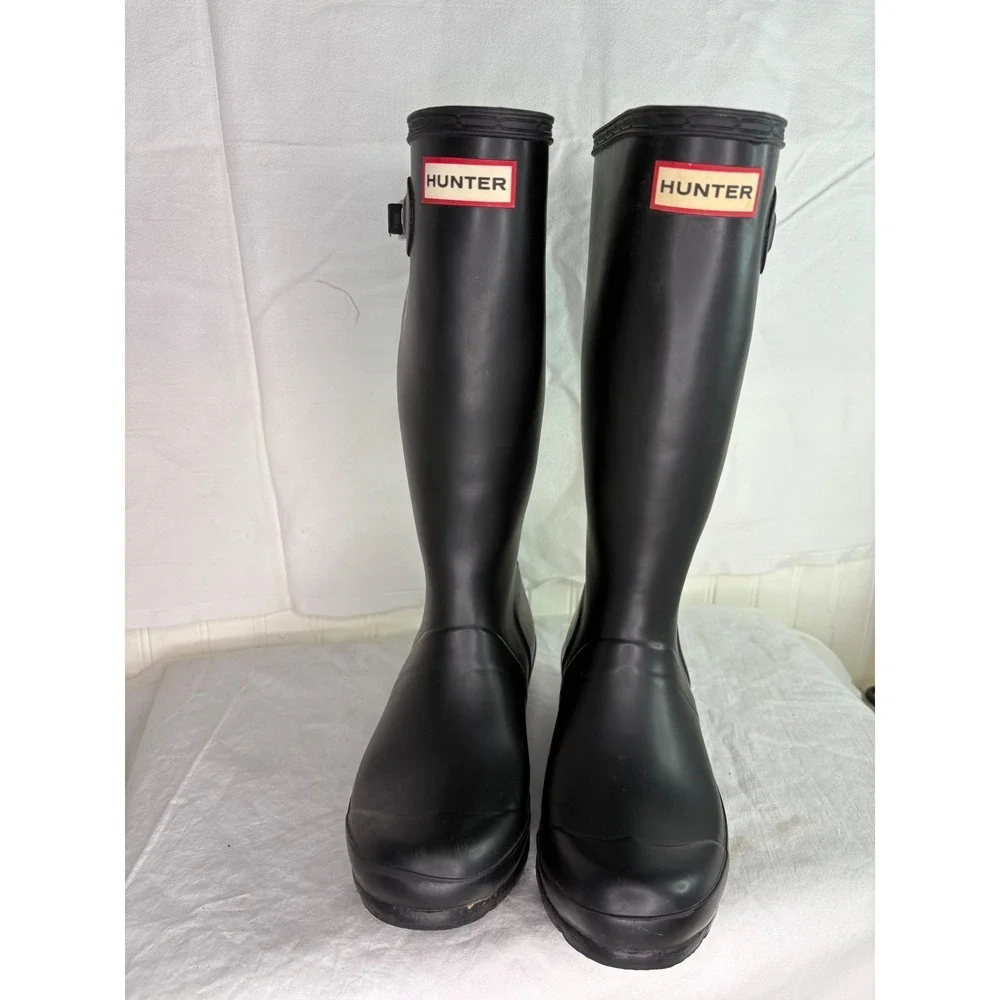 Hunter Women Tall Black Rubber Rain Boots Buckle Detail Side Logo Size 5